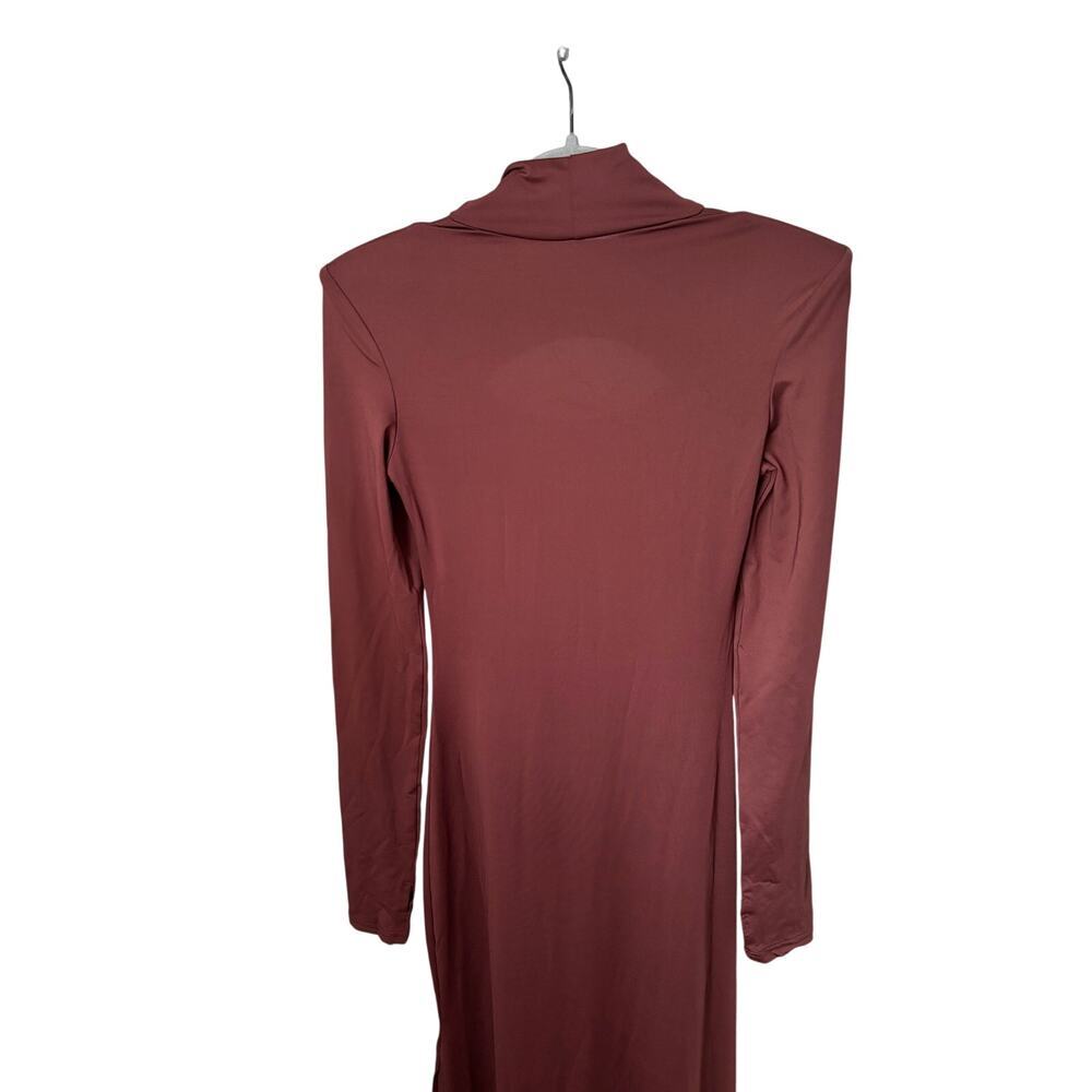 Womens Brown Cut Out Bodycon Maxi Dress Small Long Sleeve Mock Neck Shoulder Pad - Picture 6 of 9